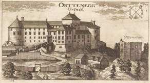 Ortneški grad iz leta 1679, Valvasorjev bakrorez. (Hrani družina Kosler.)